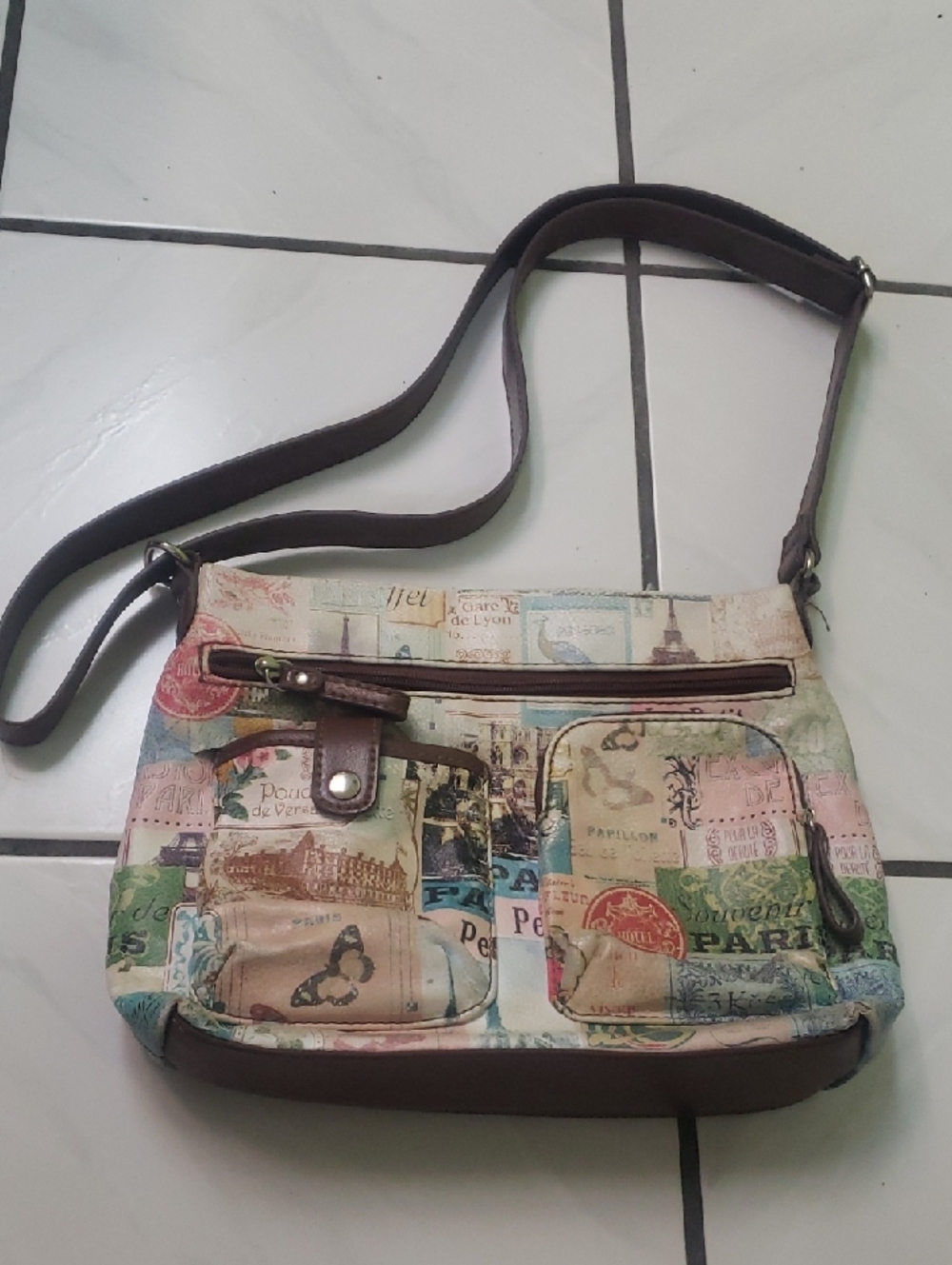 Like new "Paris" multicolor patchwork canvas crossbody bag with brown trim